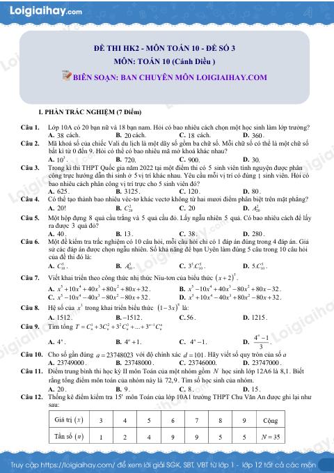Đề kiểm tra học kì 2 Toán 10 - Đề số 3 - Cánh diều